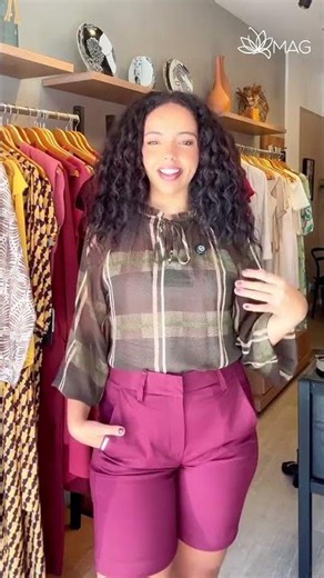 Blusa com Estampa Xadrez e Bermuda de Alfaiataria | Mag Moda Feminina