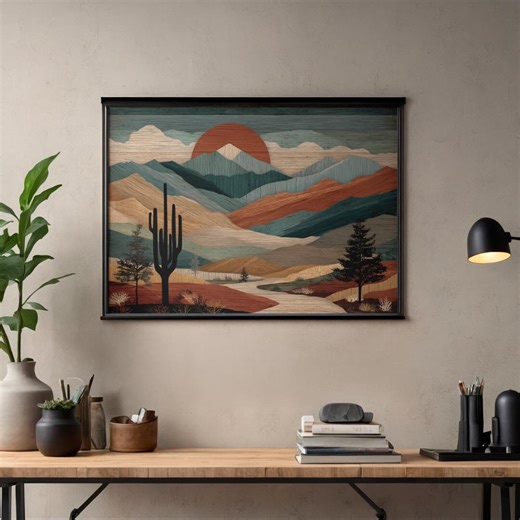 Wood Texture Desert Landscape Print | Boho Southwestern Cactus Wall Art (digital Download) - Etsy