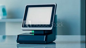 Rotating black pos terminal displaying a blank screen on a reception desk