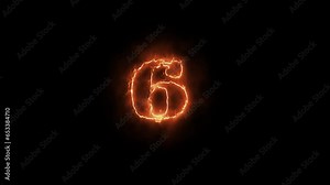 6 - Single Number made of Fire, alphabet letters isolated, outline fire and glowing on black background