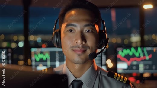 Air traffic controller monitoring flight data displays in control tower at night for safety and efficiency, a modern aviation success story unfolds