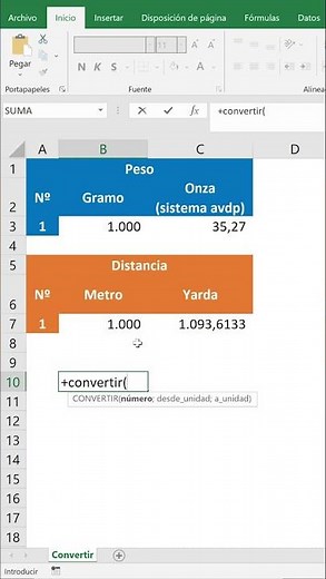 Función convertir en Excel