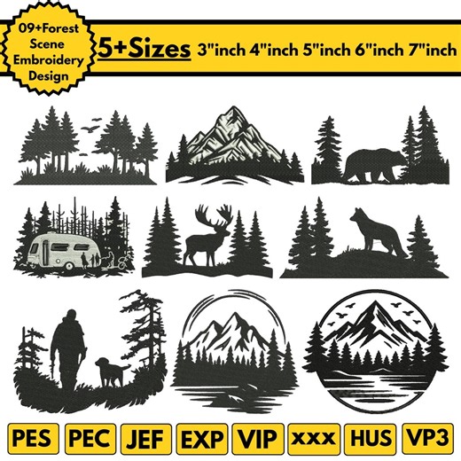 Mountains Forest Machine Embroidery Designs Nature Landscape Embroidery Wilderness Landscape Stitch Pattern Bear Embroidery Pes File 5 sizes - Etsy
