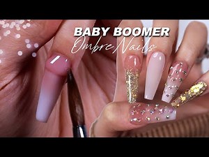 French Fade Baby Boomer Ombré Nail Art Design | Coffin Acrylics & Gold Glitter