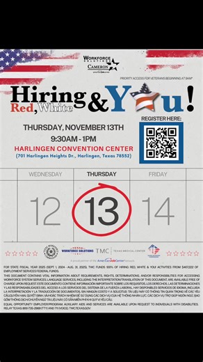 1.9K views |  It’s here! The LARGEST job fair in Cameron County is back! Get ready for Hiring Red, White & You!Meet 50+ employers, explore new careers, and find your next opportunity — all in one place!  Nov. 13th |  9:30am – 1pm  Harlingen Convention Center, 701 Harlingen Heights Dr, Harlingen, TX 78552 Register here: https://bit.ly/3VKqjN3  Tag a friend, polish that résumé, and meet us there! | Workforce Solutions Cameron | Facebook