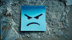 A frown on a blue sticky note against a textured wall captures a moment of frustration and emotion