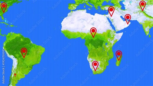 World Map with Red Location Pins and Concentric Circles Indicating Reach or Influence global animated . Animated global map with red pins and concentric circles representing reach or influence across