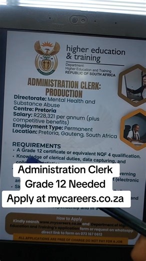 Administration Clerk To start Application Go to www.mycareers.co.za and Follow instructions #jobsearch #jobs | Mycareerscoza