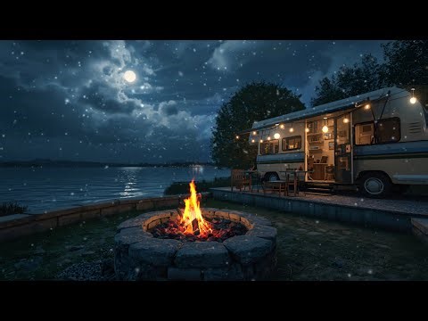 Camper Van Night Fireplace Ambience — Peaceful Piano Music & Warm Fire Sounds for Deep Sleep