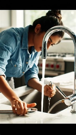 Fixing a Leaky Faucet – A young woman tackles a leaking faucet in her sleek kitchen
