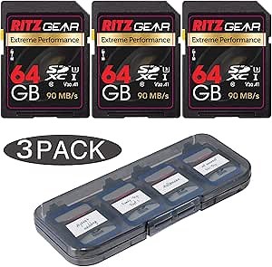 Ritz Gear Extreme Performance High speed UHS-I SDXC 64GB 90/45 MB/S U3 C-10 V30 Memory Card Designed for SD devices that can capture Full HD, 3D, 4K video as well as raw photography, (3 units+ holder)