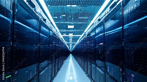 a corridor within a data center, featuring rows of large server racks. Bright lights illuminate the space, creating a sleek, futuristic atmosphere filled with advanced computing technology.