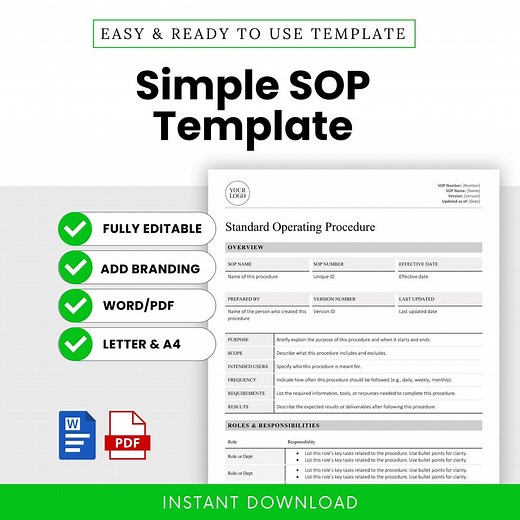 Simple SOP Template (word, PDF) | Standard Operating Procedure Template | Human Resources Business Document | Employee Work Guidelines - Etsy