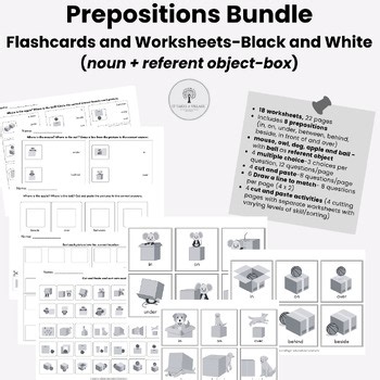 Prepositions Flashcards and Worksheets BUNDLE-Black and White (ABLLS-R aligned)