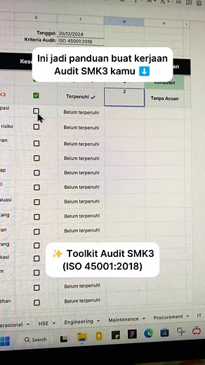 Waktunya Audit SMK3 jadi lebih cepat, rapi, dan efisien ✅ Paket Toolkit: 📝 SOP Audit Internal SMK3 📝 Manual SMK3 (ISO 45001:2018) 📝 Dok. Formulir Esensial → Mulai dari Form. Checklist, Laporan, Program, Jadwal dan Permintaan Tindakan Korektif 📝 Modul Panduan Manajemen Risiko HIRADC 📝 Dokumen HSE Plan 📝 Kumpulan Peraturan Hukum K3 📝 JSA dan SOP Pekerjaan Sipil Konstruksi 📝 Laporan Kecelakaan dan Laporan P2K3 Cukup 99 Rb, dan jadi auditor K3 yang ber-value tinggi 🚀 Klik Learn More | Bongk