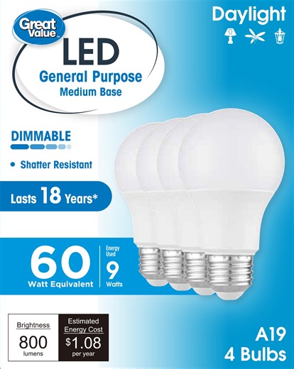 Great Value A19 LED 9W (60W Equivalent) Daylight E26 Medium Base General Purpose Light Bulbs, Dimmable, 4 Pack