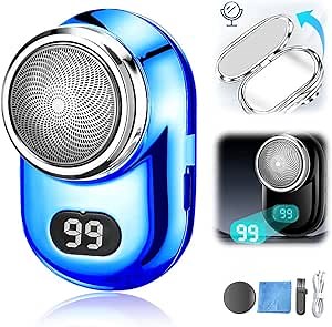 New Fast Charging Digital Display Mini Shaver - Portable Electric Razor for Men with Mirror, USB Rechargeable Waterproof Electric Beard Trimmer (Blue)