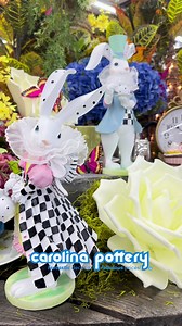 Our Alice in Wonderland inspired table display has us ready for Easter and Spring! Come grab your home decor today! #aliceinwonderland #bunny #spring #easter #homedecor #decor #home | Carolina Pottery