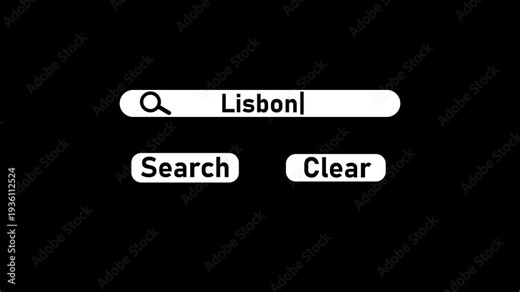 Digital search bar interface with Lisbon typed in search box magnifying glass and search and