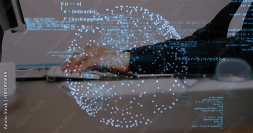 Dev hands typing and clicking by moving mouse, editing code with dotted sphere overlaying hands