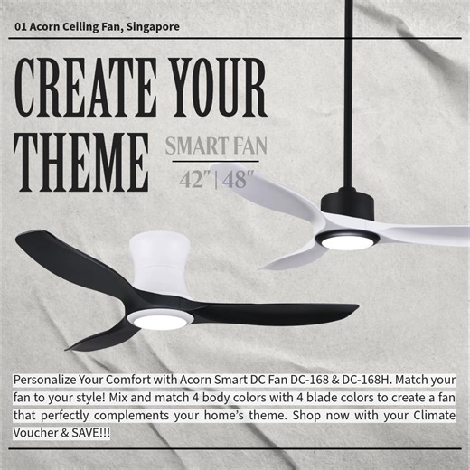 Reimagine home cooling with Creation DC-168 — the smart ceiling fan designed for comfort, style, and energy savings. ✅ Up to 70% energy savings ✅ Ultra-quiet DC motor ✅ Smart app & remote control Bring a new level of elegance to your living space. 💡 Eligible for Climate Vouchers! 📍 Visit us: 512 Chai Chee Lane #02-09 🛒 Explore now: https://acornceilingfan.com/product-category/ceiling-fan/dc-ceiling-fan/creation/ | Acorn Ceiling Fan
