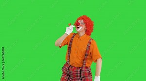 Clown with red nose blowing party horn on a Green Screen, Chroma Key.