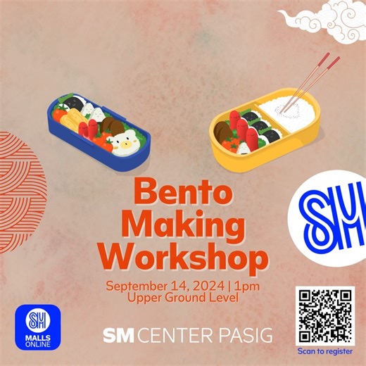 Join us for a fun and interactive Bento Making Workshop! Learn the art of crafting delicious and creative bento boxes—perfect for all ages and skill levels! Swipe to redeem your Event Pass at SM Center Pasig on September 14, 2024 at 1:00 pm. This workshop is for FREE with limited slots on a first-come, first served bases. Hurry and register via SMO app. Simply scan the QR code or click this link: https://click.smmallsonline.com/DFqS/SMPSBENTOMAKING See you! | SM Center Pasig | Facebook