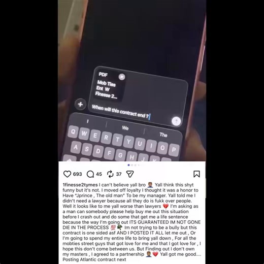 Rapper Finesse2tymes finds out he’s in a 360 deal with Mob Ties and Atlantic Records after putting his contract into ChatGPT.“Somebody please help buy me out this situation before I crash out and do some that get me a life sentence”