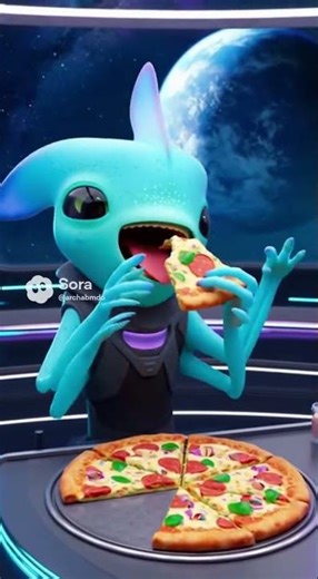 An alien eats pizza.🤔