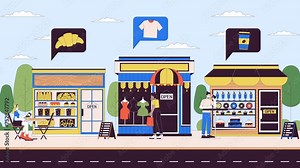 Small stores attracting customers line 2D animation. Bakery, fashion shop and cafe on street 4K video motion graphic. Local business services linear animated cartoon flat concept on urban background Stock Video