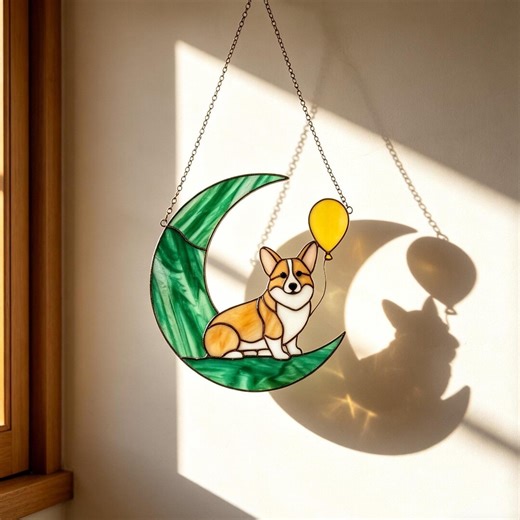 Corgi Dog on Green Moon With Yellow Balloon Tiffany Stained Glass Suncatcher, Handmade Whimsical Window Hanging, Pet Lover Gift - Etsy