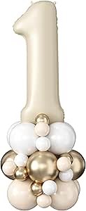40 Inch Cream Number 1 Balloon for 1st Birthday Decorations Beige White Sand Number One Foil Balloon Tower Giant Large Nude Neutral Digit Helium Balloons Stack for Girls First Anniversary Party