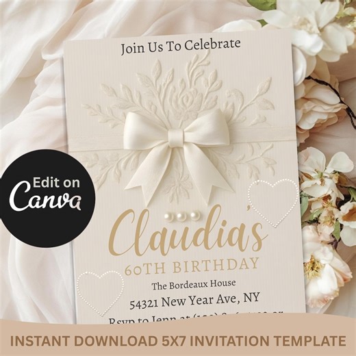 Gold Pearl Floral Birthday Invitation Template, Elegant Glam Party Invite (editable 5x7) - Etsy