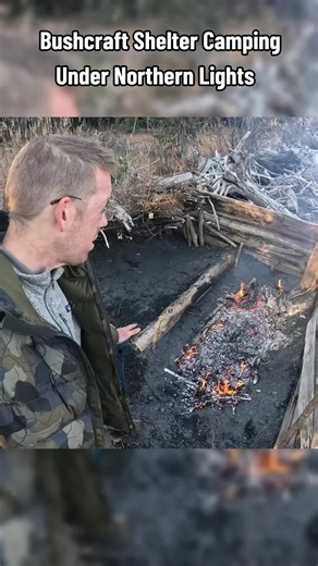 Bushcraft Shelter Camping Under Northern Lights