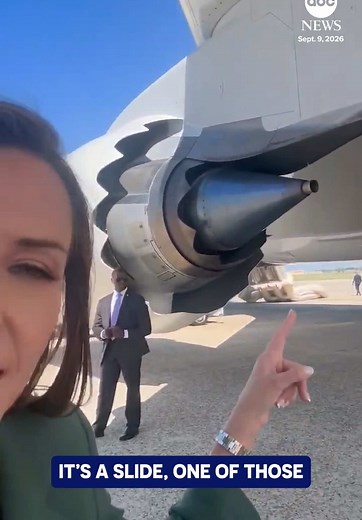 ABC News' @MaryBruce reports from Joint Base Andrews after an inflatable slide deployed on President Trump's Qatari-gifted Air Force One before he was set to board it to head to the Republican Midterm Convention in Dallas, Texas. #trump #politics #news #abcnews