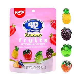 AMOS 4D Gummy Candy Fruit Snacks, 3D Fruit Shaped Gummies, For Party or Cupcake Toppers, Resealable 2.19oz Bag (Pack of 3)