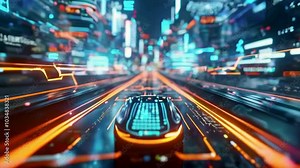 Futuristic car driving on a glowing road in a city with neon lights and digital displays.