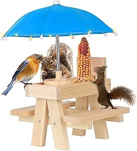 Squirrel Feeder for Outside Hanging with Umbrella-Bird Squirrel Picnic Table Feeder with String Lights(Natural Wood & Wooden Water Bowl Blue)