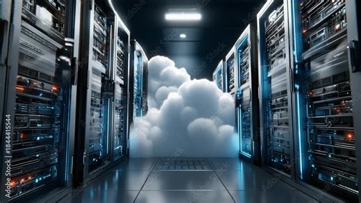 Cloud Computing Data Center: A striking visual representation of cloud computing, with a cluster of servers and data center cabinets, conveying the essence of digital storage and interconnectedness.