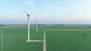 Aerial Fly Through of Wind Turbines on Ohio Farmland at Dawn