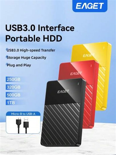 EAGET Portable Hard Drive, Fashionable USB 3.0 External Storage, 1TB/500GB/320GB/250GB External Hard Drive, Suitable For PC & Camera - Surface, High-Speed Performance (Black, Yellow, Red) | SHEIN