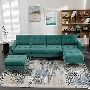 HAUSHECK U Sectional Sofa with Reversible Chaises & Ottomans, Modern Velvet Living Room L-Shaped Convertible Couch, Storage Pockets, Tufted Backrest, Nailhead Square Armrest, Metal Legs, Green