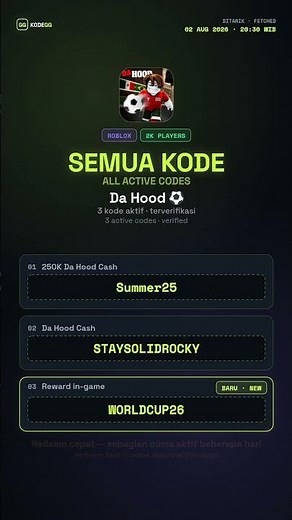 Da Hood Codes (August 2026) 🎁 Semua Kode Aktif Update 2 Agustus 2026 — KodeGG