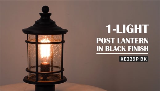 Emliviar Outdoor Lamp Post Light, 15 inch Farmhouse Post Lamp, Black Finish, E26 Base, Seeded Glass, XE229P BK