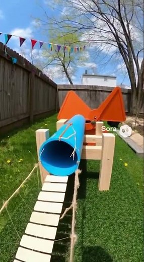 Squirrel attempts backyard obstacle course challenge