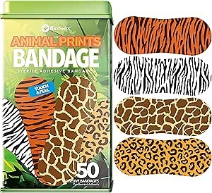 BioSwiss Bandages, Animal Print Shaped Self Adhesive Bandage Set, Latex Free Sterile Wound Care, 50 Count