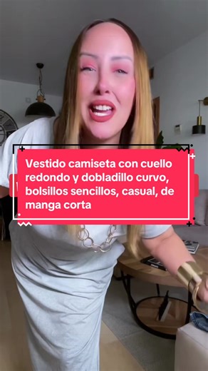 Vestido camiseta con cuello redondo y dobladillo curvo, bolsillos sencillos, casual, de manga corta y largo para verano, ropa de mujer para uso diario #vestido #basico #moda #tendencia #ofertas