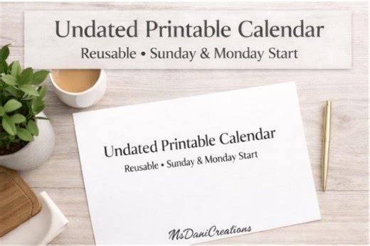 Undated Printable Calendar | Simple Minimal Monthly Planner | Reusable PDF | Sunday & Monday Start | Digital Download - Etsy UK