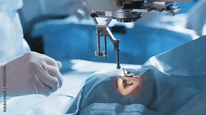 Laser vision correction. Patient and surgeon in operating room during ophthalmic surgery or diagnostics. Open eye. Patient under sterile cover. Close-up