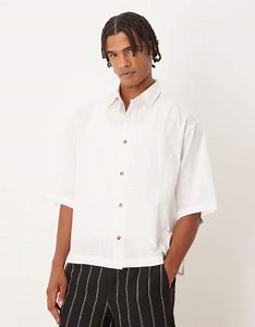 ASOS DESIGN boxy oversized shirt with half sleeve in off white texture | ASOS